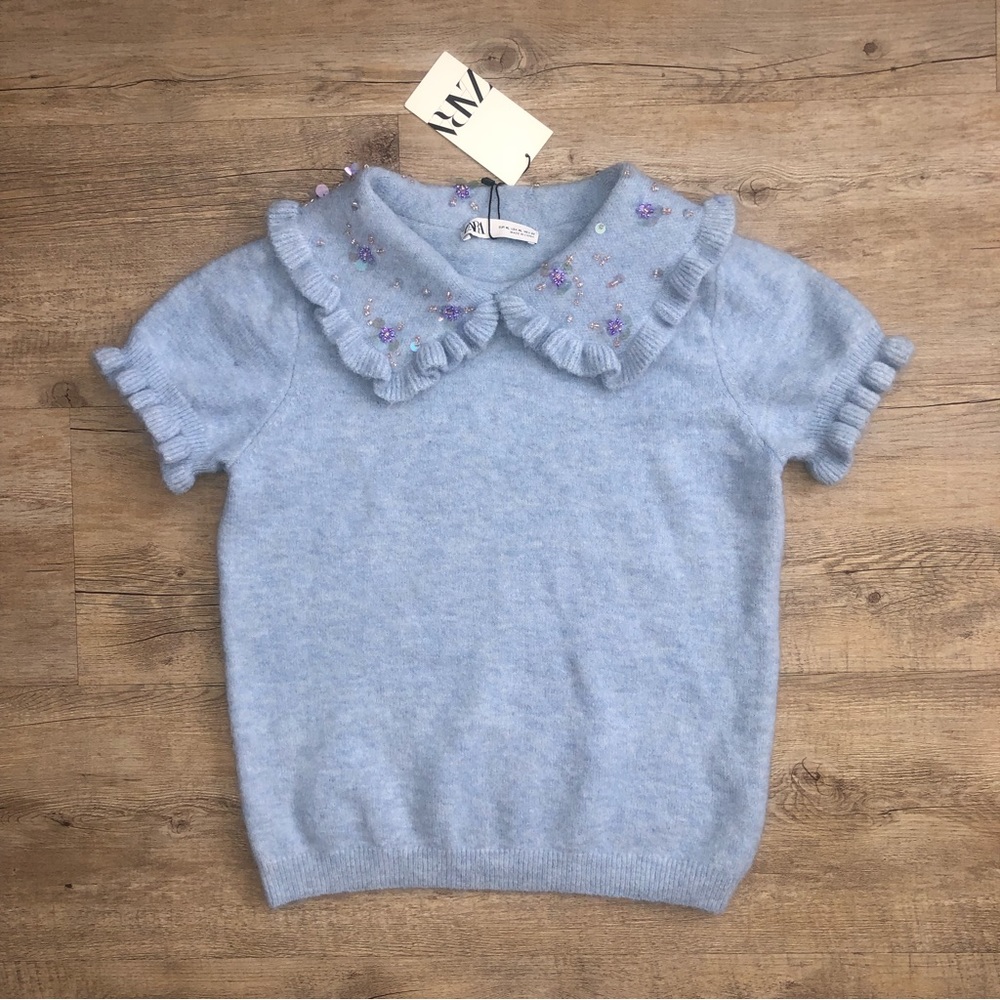 Zara Light Blue Ruffled Collar Top